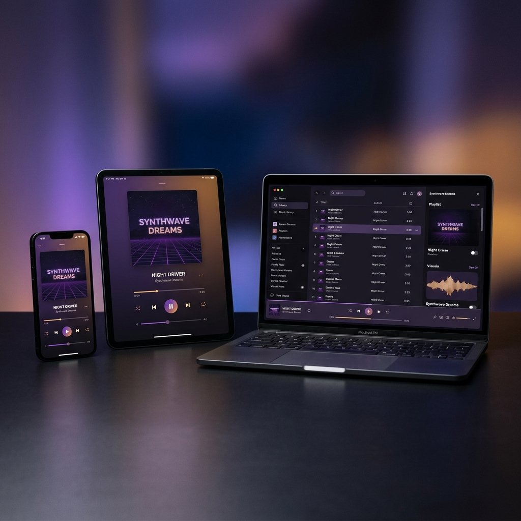 Figo Media Player displayed across a laptop, tablet, and smartphone